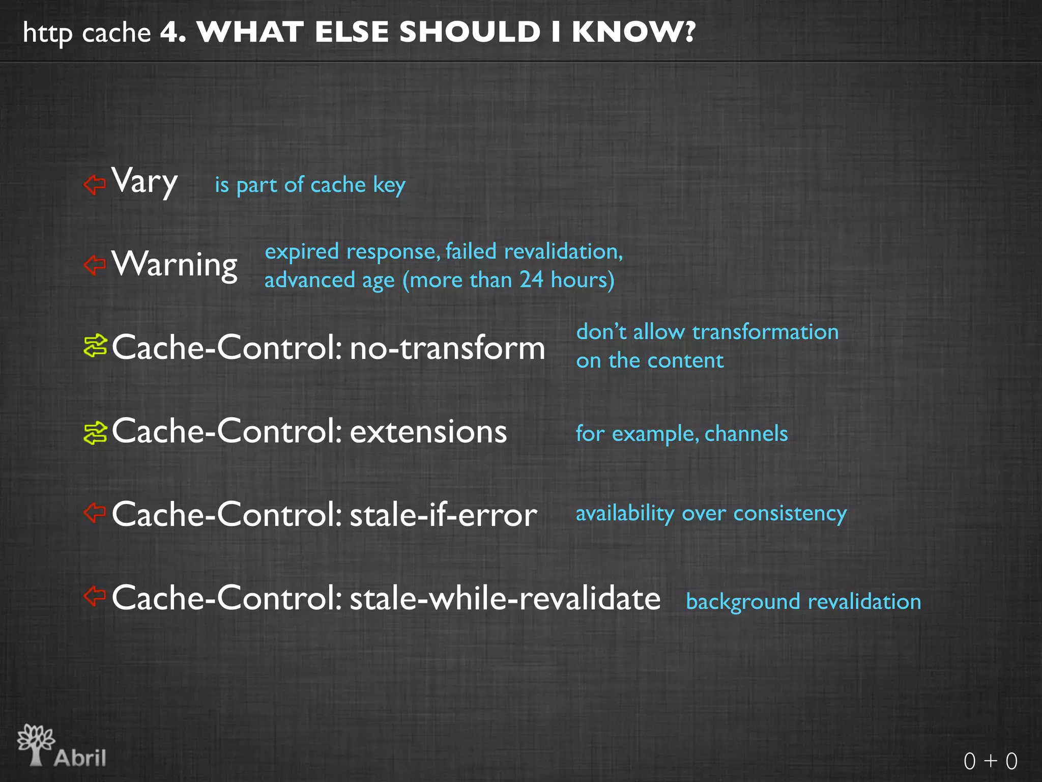 http cache 4. WHAT ELSE SHOULD I KNOW?



    Vary   is part of cache key

                expired response, failed revalidation,
    Warning     advanced age (more than 24 hours)

                                                don’t allow transformation
    Cache-Control: no-transform                 on the content


    Cache-Control: extensions                   for example, channels


    Cache-Control: stale-if-error               availability over consistency


    Cache-Control: stale-while-revalidate                  background revalidation




                                                                                     0+0
 