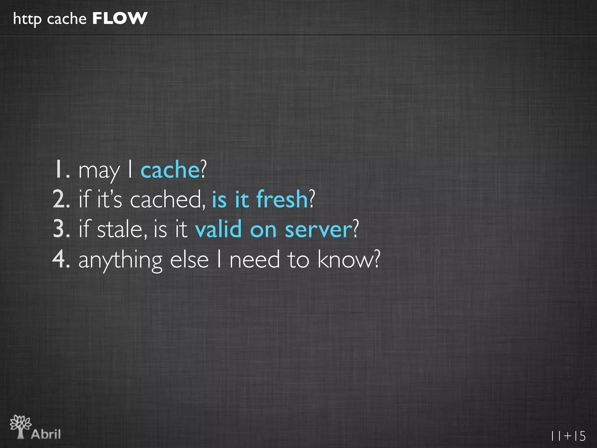 http cache FLOW




    1. may I cache?
    2. if it’s cached, is it fresh?
    3. if stale, is it valid on server?
    4. anything else I need to know?




                                          11+15
 