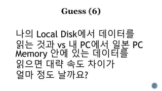 나의 Local Disk에서 데이터를
읽는 것과 vs 내 PC에서 일본 PC
Memory 안에 있는 데이터를
읽으면 대략 속도 차이가
얼마 정도 날까요?
 