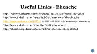 https://tedwon.atlassian.net/wiki/display/SE/Ehcache+Replicated+Cache
http://www.slideshare.net/HyeonSeokChoi/overview-of-the-ehcache
http://www.nextree.co.kr/p3151/ (아키텍처 설계: 분산캐시-EhCache+TerracottaServer Array)
http://www.slideshare.net/alexmiller/scaling-your-cache
http://ehcache.org/documentation/2.8/get-started/getting-started
 