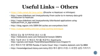  https://labs.consol.de/java-caches (Ehcache vs Hazelcast vs Infinispan)
 http://www.slideshare.net/tmatyashovsky/from-cache-to-in-memory-data-grid-
introduction-to-hazelcast
 http://www.slideshare.net/tmatyashovsky/distributed-applications-using-
hazelcast?from_m_app=android
 http://blog.ragozin.info/2009/04/caches-are-everywhere.html
 http://cutajar.weebly.com/not-a-blog/caching-techniques
 확장성 있는 웹 아키텍처와 분산 시스템
http://helloworld.naver.com/helloworld/textyle/206816
 확장 가능한 분산 인 메모리 캐시를 제공하는 ElastiCache
http://pyrasis.com/book/TheArtOfAmazonWebServices/Chapter15
 분산 메모리기반 플랫폼 Plandas # Cache Cloud http://readme.skplanet.com/?p=8884
 http://knowledgecloud.tistory.com/entry/EC2-에서-클러스터링-시-유연한-설정-가져가기
 