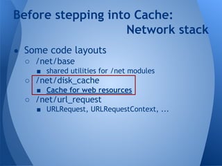 Before stepping into Cache: 
● Some code layouts 
○ /net/base 
Network stack 
■ shared utilities for /net modules 
○ /net/disk_cache 
■ Cache for web resources 
○ /net/url_request 
■ URLRequest, URLRequestContext, ... 
 