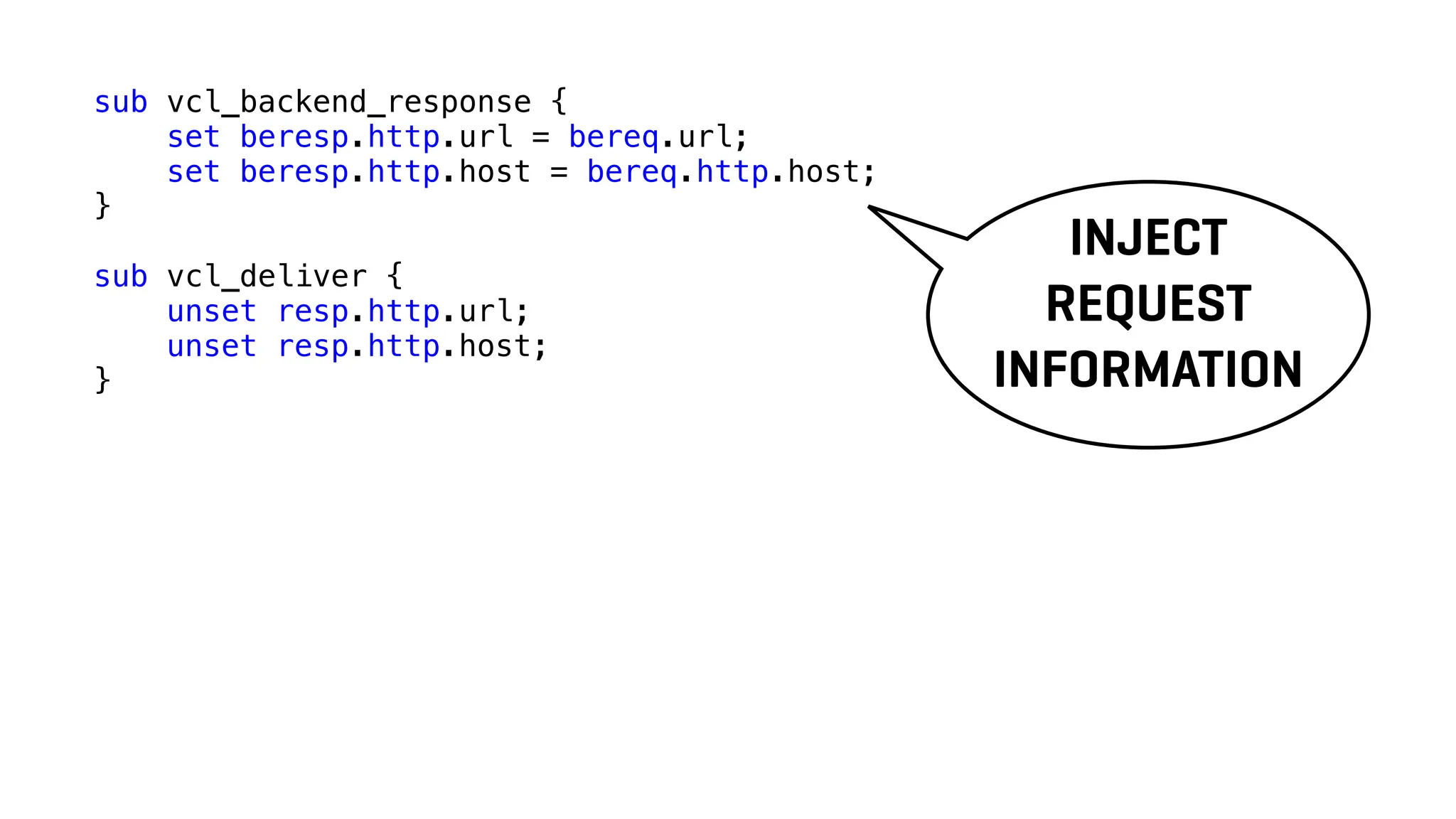 sub vcl_backend_response {
set beresp.http.url = bereq.url;
set beresp.http.host = bereq.http.host;
}
sub vcl_deliver {
unset resp.http.url;
unset resp.http.host;
}
INJECT
REQUEST
INFORMATION
 