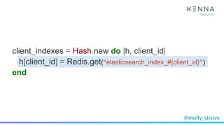 @molly_struve
client_indexes = Hash.new do |h, client_id|
h[client_id] = Redis.get(“elasticsearch_index_#{client_id}”)
end
 