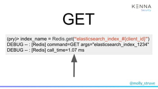 @molly_struve
(pry)> index_name = Redis.get(“elasticsearch_index_#{client_id}”)
DEBUG -- : [Redis] command=GET args="elasticsearch_index_1234"
DEBUG -- : [Redis] call_time=1.07 ms
GET
 