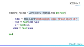 @molly_struve
indexing_hashes = vulnerability_hashes.map do |hash|
{
:_index => Redis.get(“elasticsearch_index_#{hash[:cli...