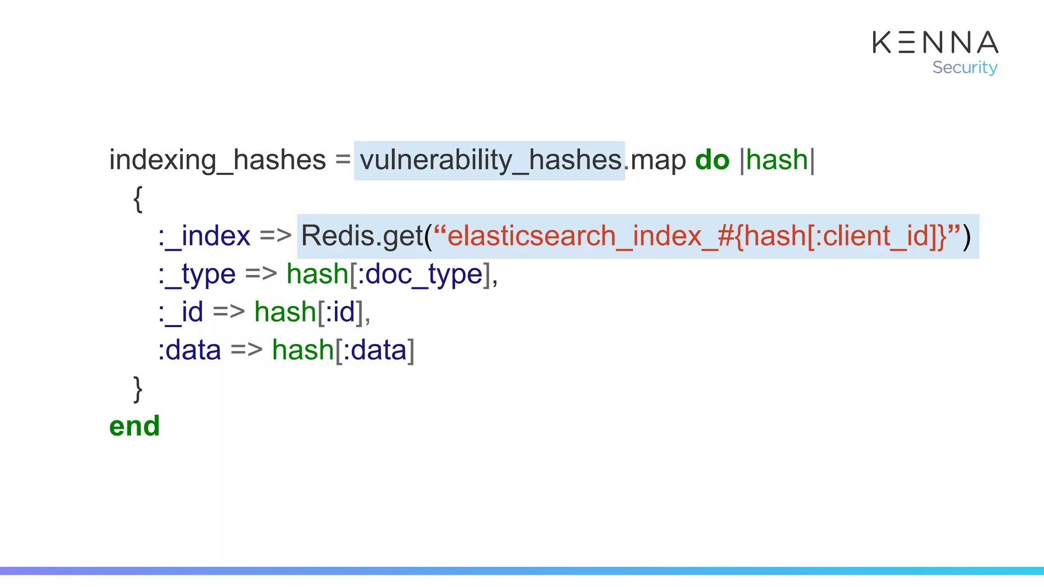 indexing_hashes = vulnerability_hashes.map do |hash|
{
:_index => Redis.get(“elasticsearch_index_#{hash[:client_id]}”)
:_type => hash[:doc_type],
:_id => hash[:id],
:data => hash[:data]
}
end
 