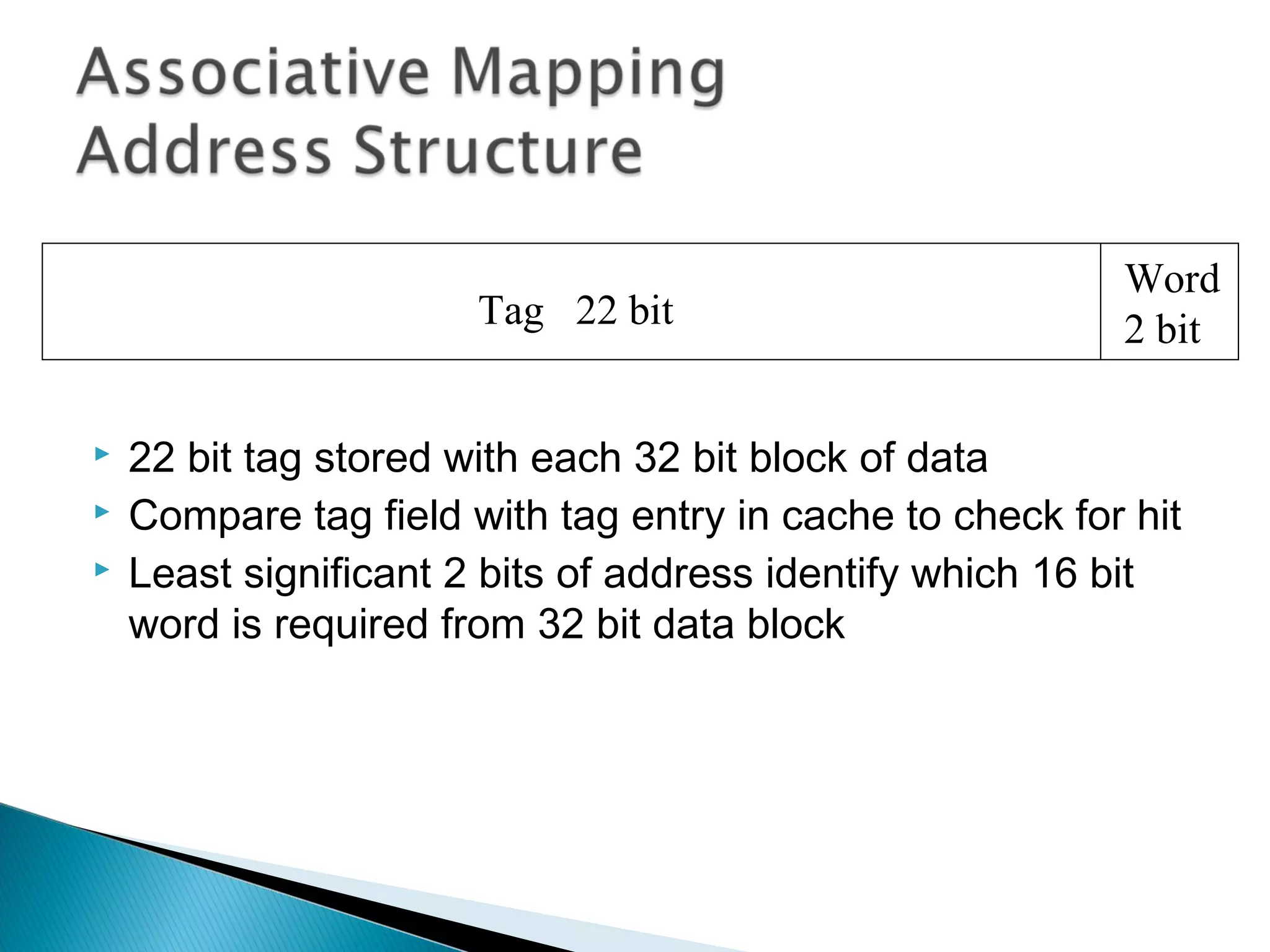 Tag 22 bit





Word
2 bit

22 bit tag stored with each 32 bit block of data
Compare tag field with tag entry in cache to check for hit
Least significant 2 bits of address identify which 16 bit
word is required from 32 bit data block

 