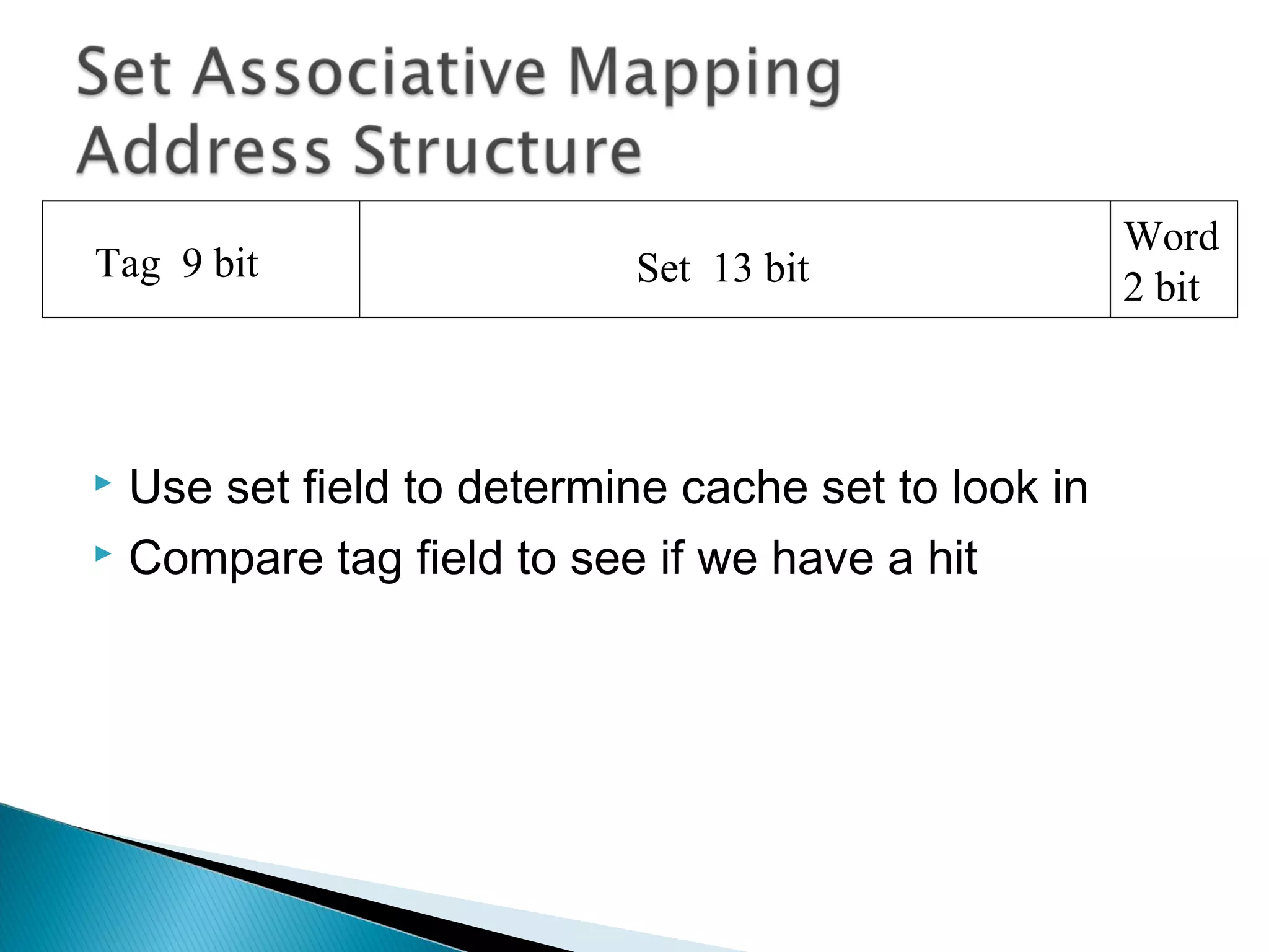 Tag 9 bit

Set 13 bit

Use set field to determine cache set to look in
 Compare tag field to see if we have a hit


Word
2 bit

 