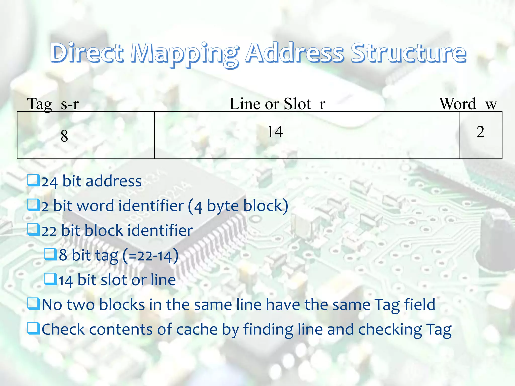 24 bit address
2 bit word identifier (4 byte block)
22 bit block identifier
8 bit tag (=22-14)
14 bit slot or line
No two blocks in the same line have the same Tag field
Check contents of cache by finding line and checking Tag
Tag s-r Line or Slot r Word w
8 14 2
 