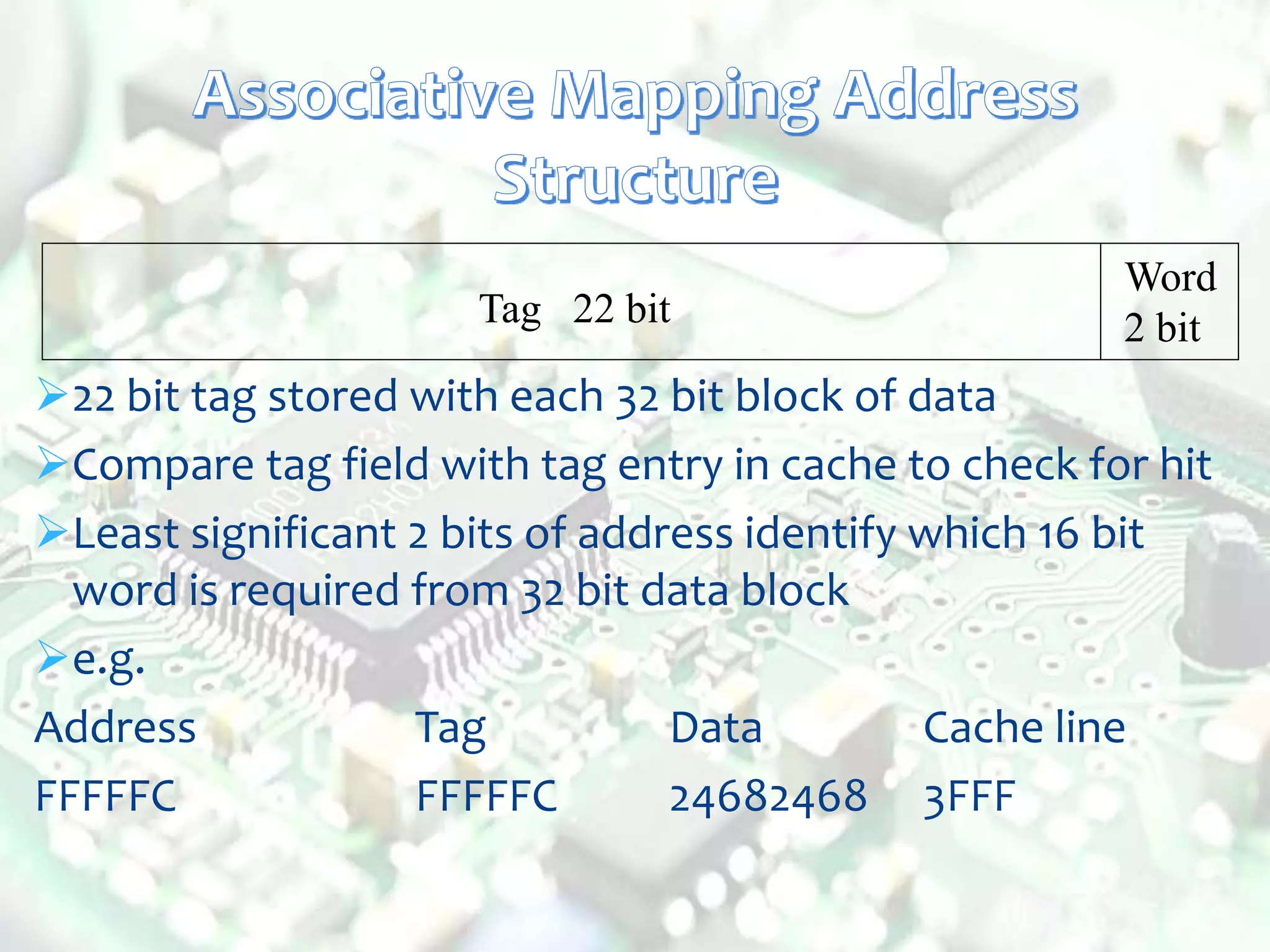 Tag 22 bit
Word
2 bit
22 bit tag stored with each 32 bit block of data
Compare tag field with tag entry in cache to check for hit
Least significant 2 bits of address identify which 16 bit
word is required from 32 bit data block
e.g.
Address Tag Data Cache line
FFFFFC FFFFFC 24682468 3FFF
 