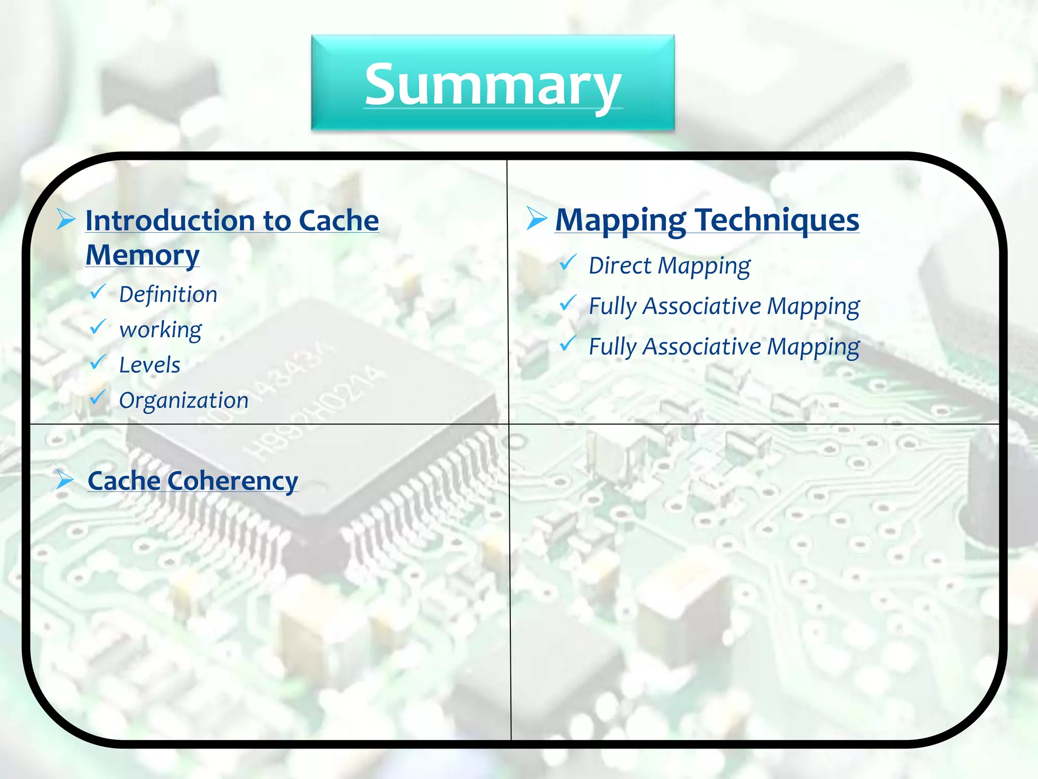 Summary
 Introduction to Cache
Memory
 Definition
 working
 Levels
 Organization
 Cache Coherency
Mapping Techniques
 Direct Mapping
 Fully Associative Mapping
 Fully Associative Mapping
 