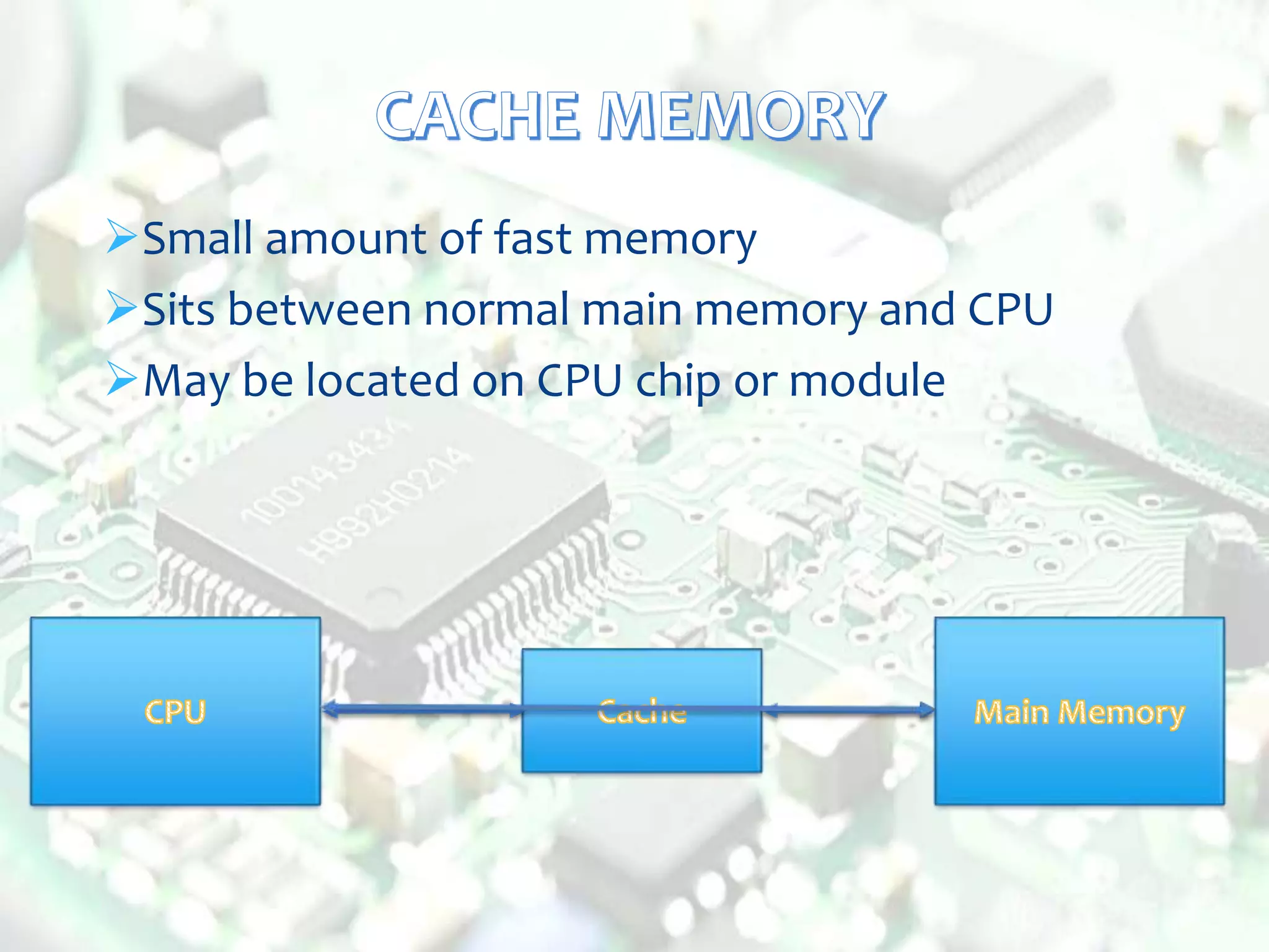 Small amount of fast memory
Sits between normal main memory and CPU
May be located on CPU chip or module
 