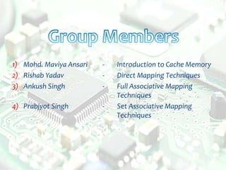 1) Mohd. Maviya Ansari - Introduction to Cache Memory
2) Rishab Yadav - Direct Mapping Techniques
3) Ankush Singh - Full Associative Mapping
Techniques
4) Prabjyot Singh - Set Associative Mapping
Techniques
 