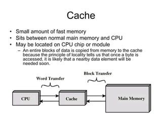 Cache
• Small amount of fast memory
• Sits between normal main memory and CPU
• May be located on CPU chip or module
– An entire blocks of data is copied from memory to the cache
because the principle of locality tells us that once a byte is
accessed, it is likely that a nearby data element will be
needed soon.
 