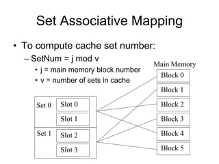 Set Associative Mapping
• To compute cache set number:
– SetNum = j mod v
• j = main memory block number
• v = number of sets in cache
Block 0
Block 1
Block 2
Block 3
Main Memory
Slot 0
Slot 1
Slot 2
Slot 3
Set 0
Set 1 Block 4
Block 5
 