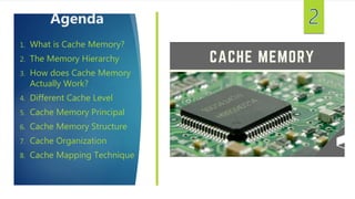 1. What is Cache Memory?
2. The Memory Hierarchy
3. How does Cache Memory
Actually Work?
4. Different Cache Level
5. Cache Memory Principal
6. Cache Memory Structure
7. Cache Organization
8. Cache Mapping Technique
Agenda
 