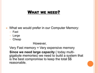 WHAT WE NEED?
 What we would prefer in our Computer Memory:
 Fast
 Large
 Cheap
However,
Very Fast memory = Very expensive memory
Since we need large capacity ( today multi-
gigabyte memories) we need to build a system that
is the best compromise to keep the total $$
reasonable.
 