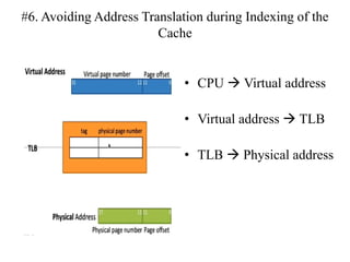 #6. Avoiding Address Translation during Indexing of the
Cache
• CPU → Virtual address
• Virtual address → TLB
• TLB → Physical address
 