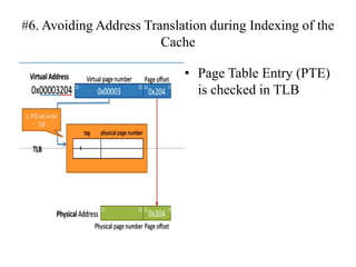 #6. Avoiding Address Translation during Indexing of the
Cache
• Page Table Entry (PTE)
is checked in TLB
 