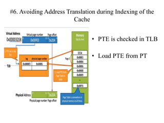 #6. Avoiding Address Translation during Indexing of the
Cache
• PTE is checked in TLB
• Load PTE from PT
 
