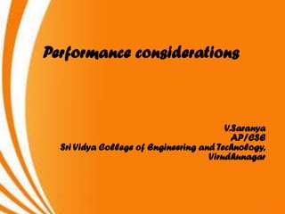 Performance considerations



                                         V.Saranya
                                           AP/CSE
  Sri Vidya College of Engineering and Technology,
                                     Virudhunagar
 