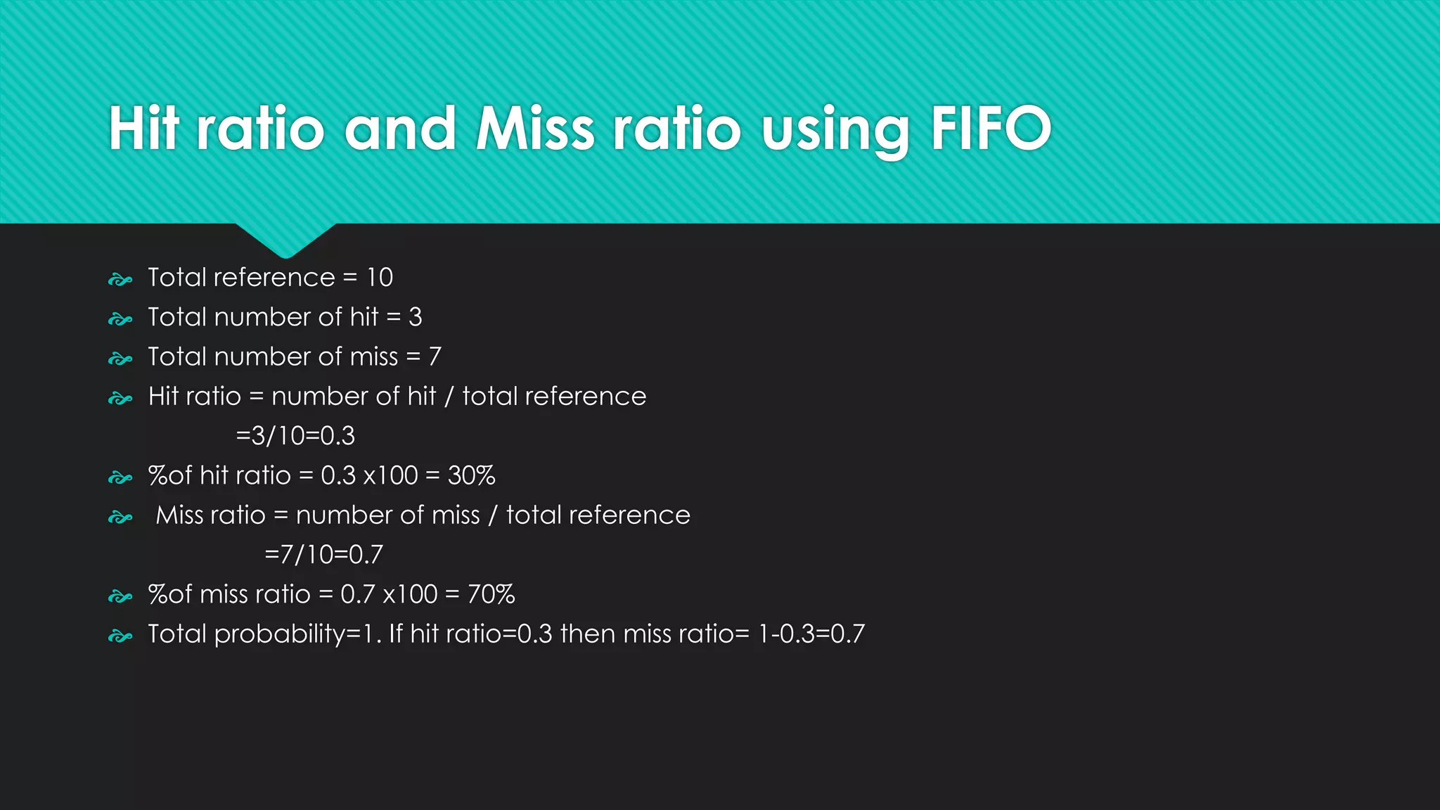 Hit ratio and Miss ratio using FIFO
 Total reference = 10
 Total number of hit = 3
 Total number of miss = 7
 Hit ratio = number of hit / total reference
=3/10=0.3
 %of hit ratio = 0.3 x100 = 30%
 Miss ratio = number of miss / total reference
=7/10=0.7
 %of miss ratio = 0.7 x100 = 70%
 Total probability=1. If hit ratio=0.3 then miss ratio= 1-0.3=0.7
 
