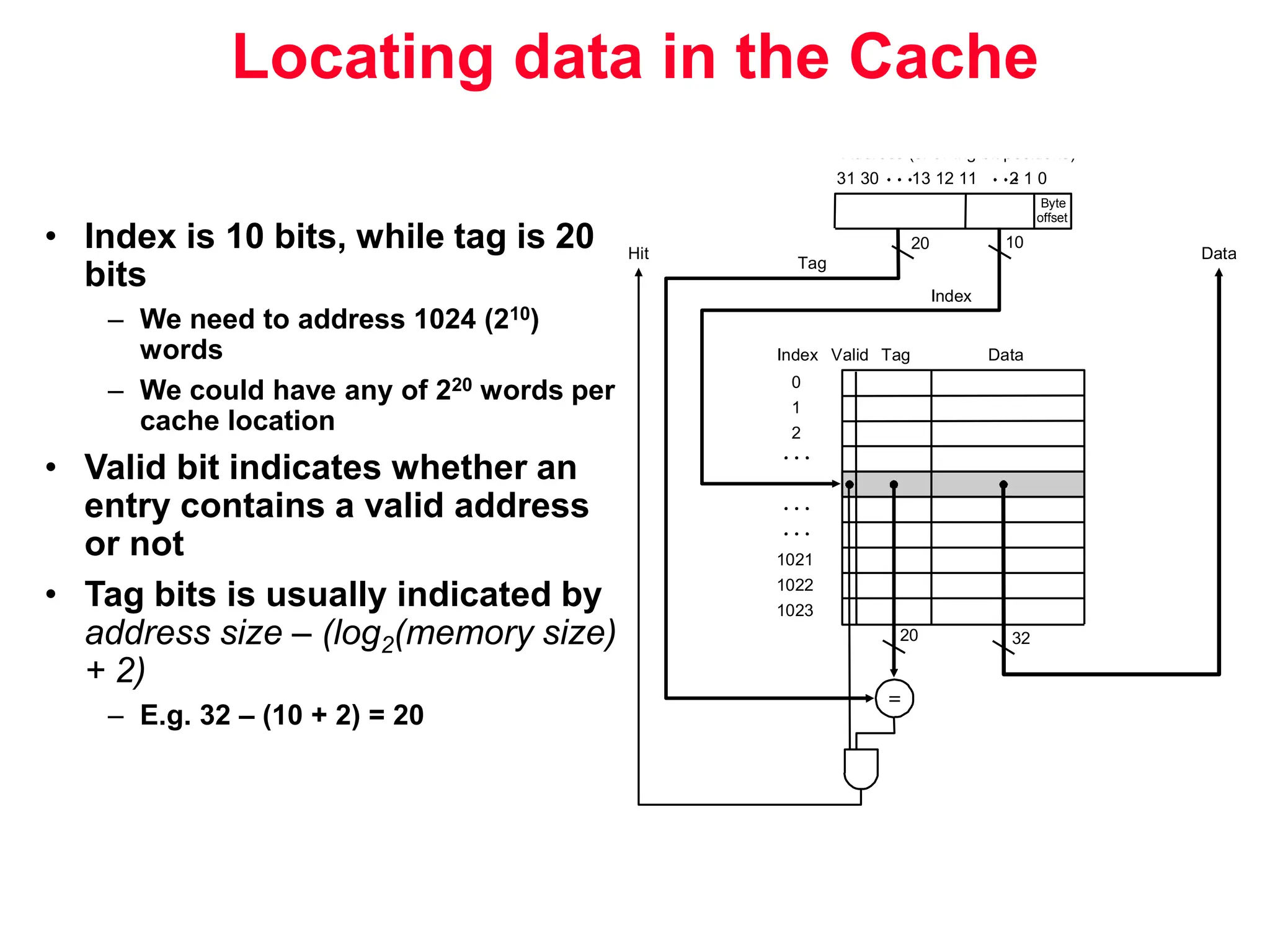 Locating data in the Cache • Index is 10 bits, while tag is 20 bits – We need to address 1024 (210) words – We could have any of 220 words per cache location • Valid bit indicates whether an entry contains a valid address or not • Tag bits is usually indicated by address size – (log2(memory size) + 2) – E.g. 32 – (10 + 2) = 20 Address (showing bit positions) 20 10 Byte offset Valid Tag Data Index 0 1 2 1021 1022 1023 Tag Index Hit Data 20 32 31 30 13 12 11 2 1 0 