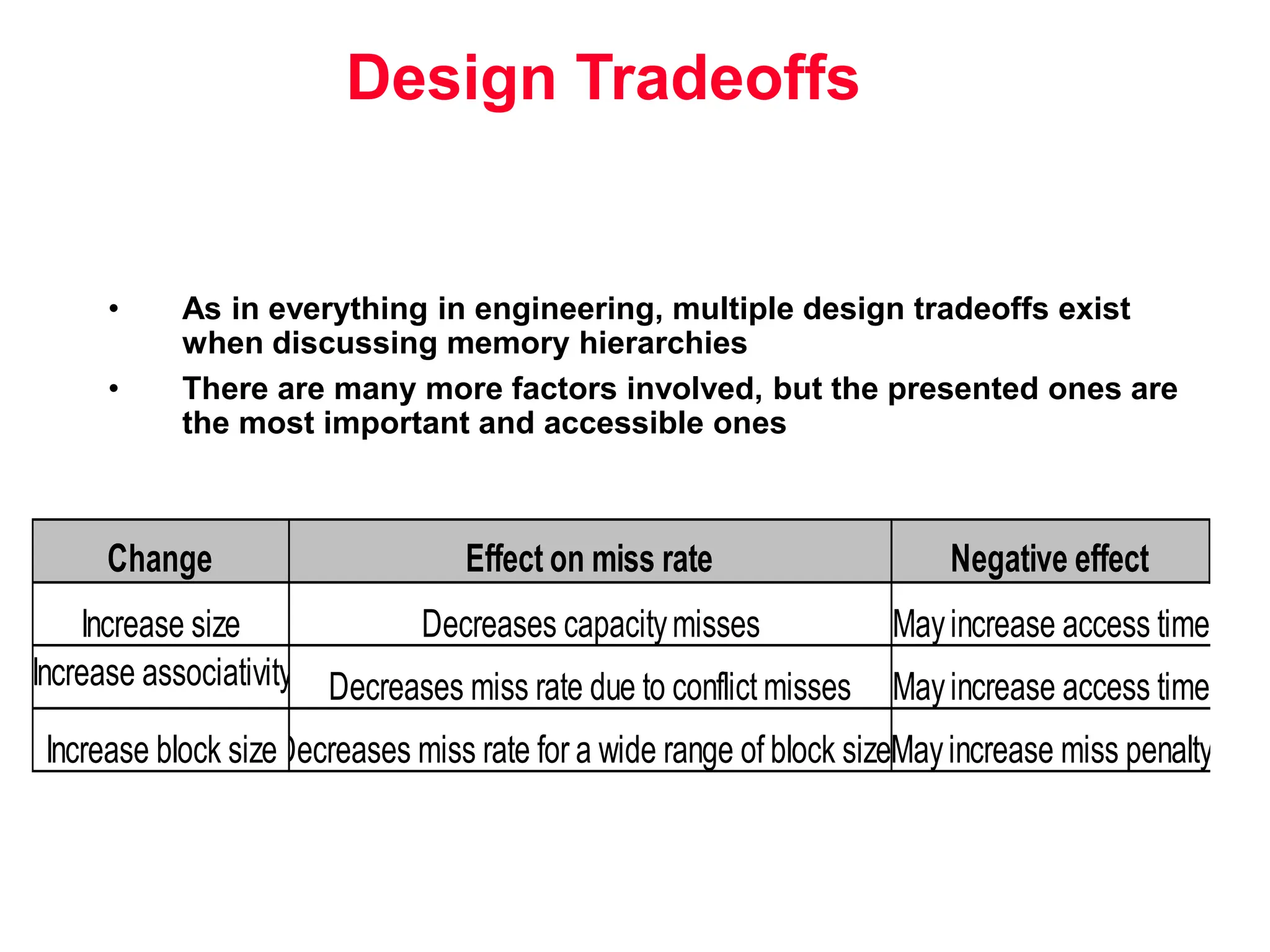Design Tradeoffs • As in everything in engineering, multiple design tradeoffs exist when discussing memory hierarchies • There are many more factors involved, but the presented ones are the most important and accessible ones Change Effect on miss rate Negative effect Increase size Decreases capacitymisses Mayincrease access time Increase associativity Decreases miss rate due to conflict misses Mayincrease access time Increase block sizeDecreases miss rate for a wide range of block sizes Mayincrease miss penalty 
