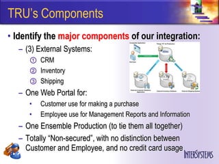 TRU’s Components
• Identify the major components of our integration:
  – (3) External Systems:
     ① CRM
     ② Inventory
     ③ Shipping
  – One Web Portal for:
     •   Customer use for making a purchase
     •   Employee use for Management Reports and Information
  – One Ensemble Production (to tie them all together)
  – Totally “Non-secured”, with no distinction between
    Customer and Employee, and no credit card usage
 