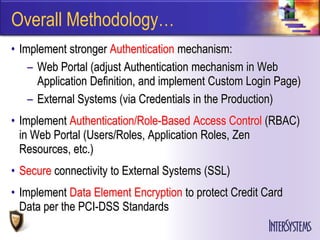 Overall Methodology…
• Implement stronger Authentication mechanism:
    – Web Portal (adjust Authentication mechanism in Web
      Application Definition, and implement Custom Login Page)
    – External Systems (via Credentials in the Production)
• Implement Authentication/Role-Based Access Control (RBAC)
  in Web Portal (Users/Roles, Application Roles, Zen
  Resources, etc.)
• Secure connectivity to External Systems (SSL)
• Implement Data Element Encryption to protect Credit Card
  Data per the PCI-DSS Standards
 