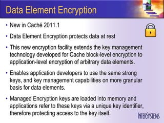 Data Element Encryption
• New in Caché 2011.1
• Data Element Encryption protects data at rest
• This new encryption facility extends the key management
  technology developed for Cache block-level encryption to
  application-level encryption of arbitrary data elements.
• Enables application developers to use the same strong
  keys, and key management capabilities on more granular
  basis for data elements.
• Managed Encryption keys are loaded into memory and
  applications refer to these keys via a unique key identifier,
  therefore protecting access to the key itself.
 