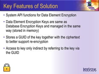 Key Features of Solution
• System API functions for Data Element Encryption
• Data Element Encryption Keys are same as
  Database Encryption Keys and managed in the same
  way (stored in memory)
• Stores a GUID of the key together with the ciphertext
  to better support re-encryption
• Access to key only indirect by referring to the key via
  the GUID
 
