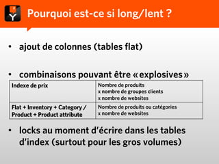 Pourquoi est-ce si long/lent ?
•  ajout de colonnes (tables flat)
•  combinaisons pouvant être « explosives »
•  locks au ...