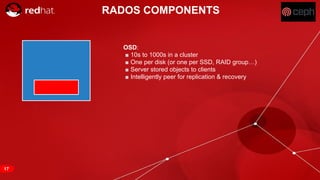 RED HAT CONFIDENTIAL | NDA ONLY
RADOS COMPONENTS
OSD:
■ 10s to 1000s in a cluster
■ One per disk (or one per SSD, RAID group…)
■ Server stored objects to clients
■ Intelligently peer for replication & recovery
17
 