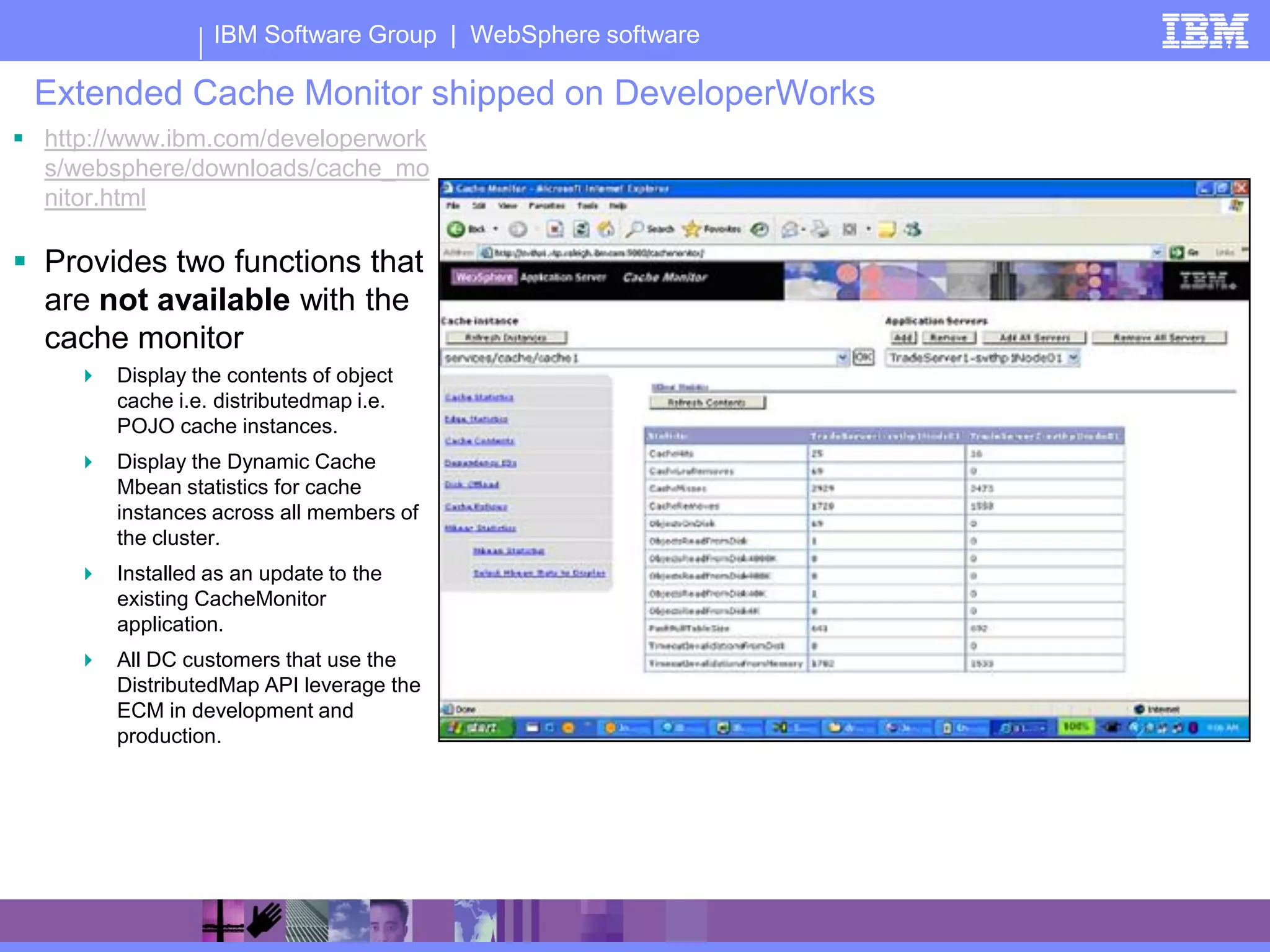 IBM Software Group | WebSphere software

 Extended Cache Monitor shipped on DeveloperWorks
 http://www.ibm.com/developerwork
  s/websphere/downloads/cache_mo
  nitor.html

 Provides two functions that
  are not available with the
  cache monitor
      Display the contents of object
       cache i.e. distributedmap i.e.
       POJO cache instances.
      Display the Dynamic Cache
       Mbean statistics for cache
       instances across all members of
       the cluster.
      Installed as an update to the
       existing CacheMonitor
       application.
      All DC customers that use the
       DistributedMap API leverage the
       ECM in development and
       production.
 