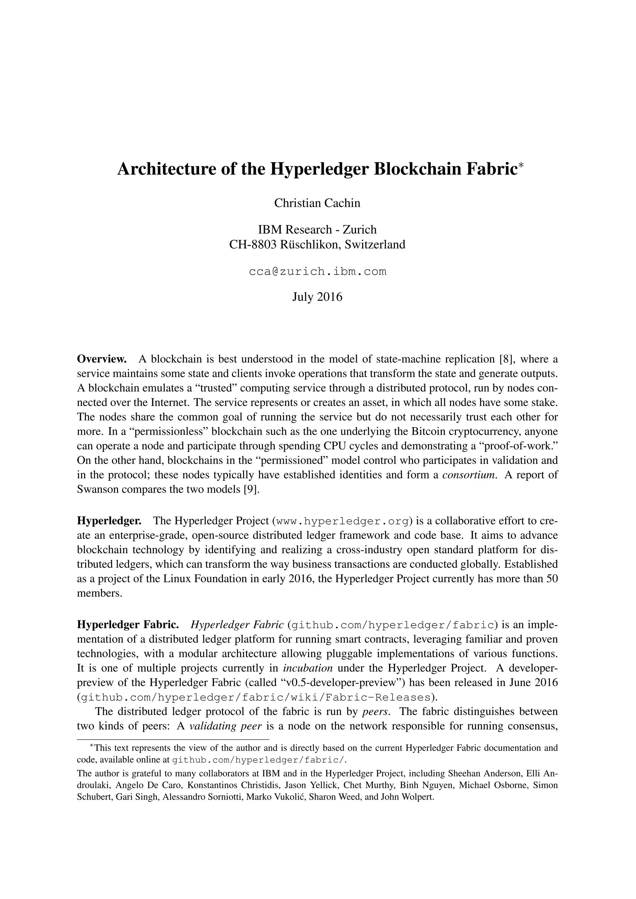Architecture of the Hyperledger Blockchain Fabric PDF