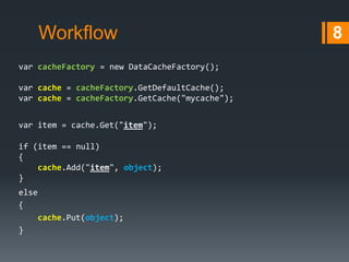 else
{
cache.Put(object);
}
var cacheFactory = new DataCacheFactory();
var cache = cacheFactory.GetDefaultCache();
var сache = cacheFactory.GetCache("mycache");
var item = cache.Get("item");
if (item == null)
{
cache.Add("item", object);
}
8Workflow
 