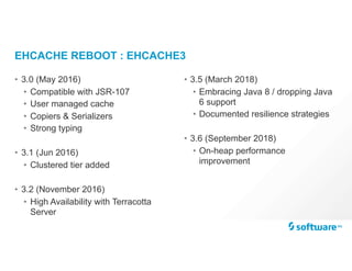 EHCACHE REBOOT : EHCACHE3
• 3.0 (May 2016)
• Compatible with JSR-107
• User managed cache
• Copiers & Serializers
• Strong typing
• 3.1 (Jun 2016)
• Clustered tier added
• 3.2 (November 2016)
• High Availability with Terracotta
Server
• 3.5 (March 2018)
• Embracing Java 8 / dropping Java
6 support
• Documented resilience strategies
• 3.6 (September 2018)
• On-heap performance
improvement
 