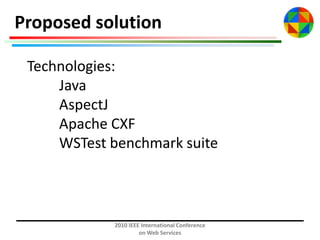 Proposed solution
Technologies:
Java
AspectJ
Apache CXF
WSTest benchmark suite

2010 IEEE International Conference
on Web Services

 