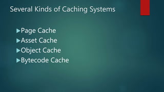 Several Kinds of Caching Systems
Page Cache
Asset Cache
Object Cache
Bytecode Cache
 