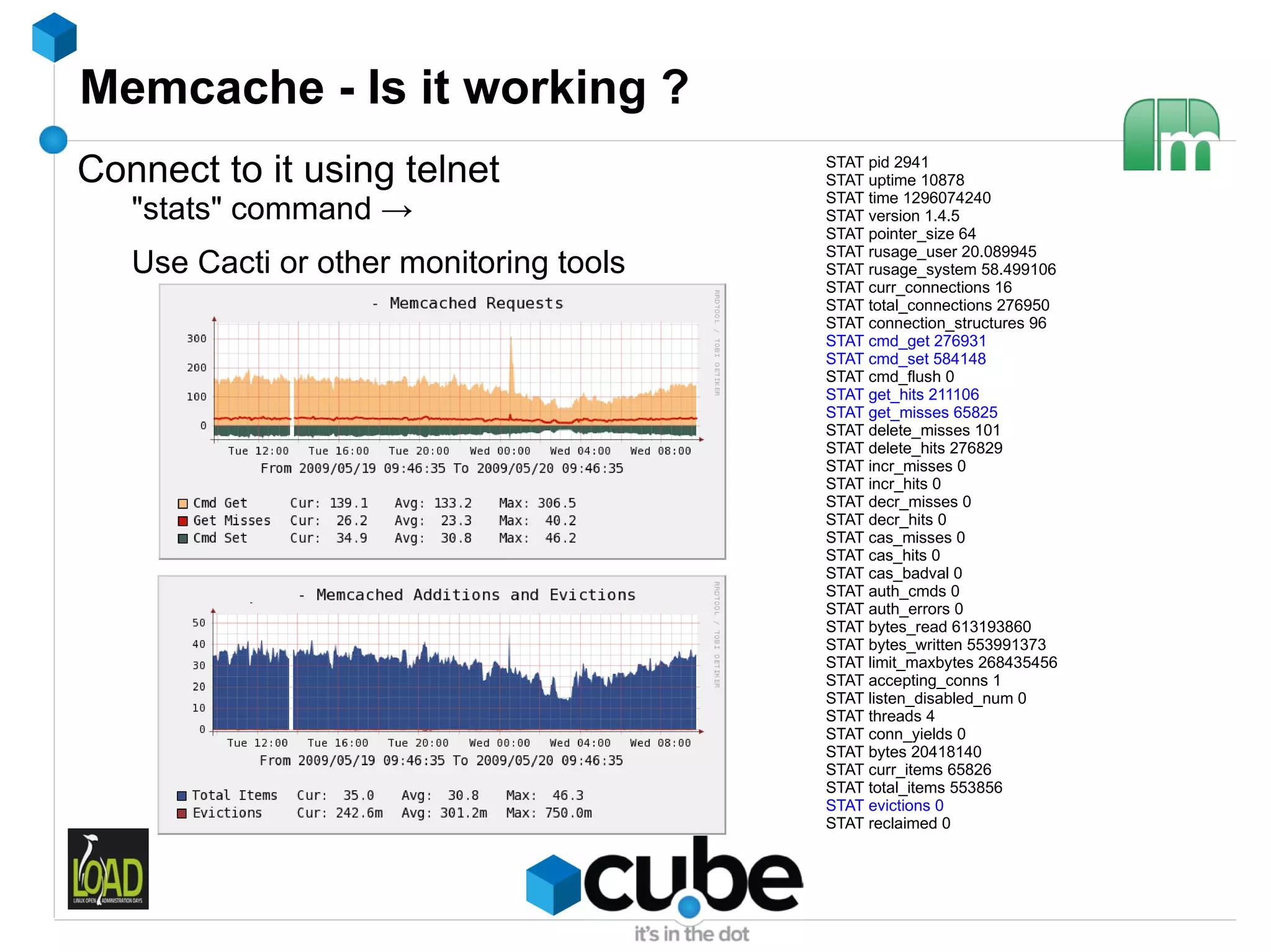 Memcache - Is it working ?
Connect to it using telnet               STAT pid 2941
                                         STAT uptime 10878
                                         STAT time 1296074240
   "stats" command →                     STAT version 1.4.5
                                         STAT pointer_size 64
                                         STAT rusage_user 20.089945
   Use Cacti or other monitoring tools   STAT rusage_system 58.499106
                                         STAT curr_connections 16
                                         STAT total_connections 276950
                                         STAT connection_structures 96
                                         STAT cmd_get 276931
                                         STAT cmd_set 584148
                                         STAT cmd_flush 0
                                         STAT get_hits 211106
                                         STAT get_misses 65825
                                         STAT delete_misses 101
                                         STAT delete_hits 276829
                                         STAT incr_misses 0
                                         STAT incr_hits 0
                                         STAT decr_misses 0
                                         STAT decr_hits 0
                                         STAT cas_misses 0
                                         STAT cas_hits 0
                                         STAT cas_badval 0
                                         STAT auth_cmds 0
                                         STAT auth_errors 0
                                         STAT bytes_read 613193860
                                         STAT bytes_written 553991373
                                         STAT limit_maxbytes 268435456
                                         STAT accepting_conns 1
                                         STAT listen_disabled_num 0
                                         STAT threads 4
                                         STAT conn_yields 0
                                         STAT bytes 20418140
                                         STAT curr_items 65826
                                         STAT total_items 553856
                                         STAT evictions 0
                                         STAT reclaimed 0
 