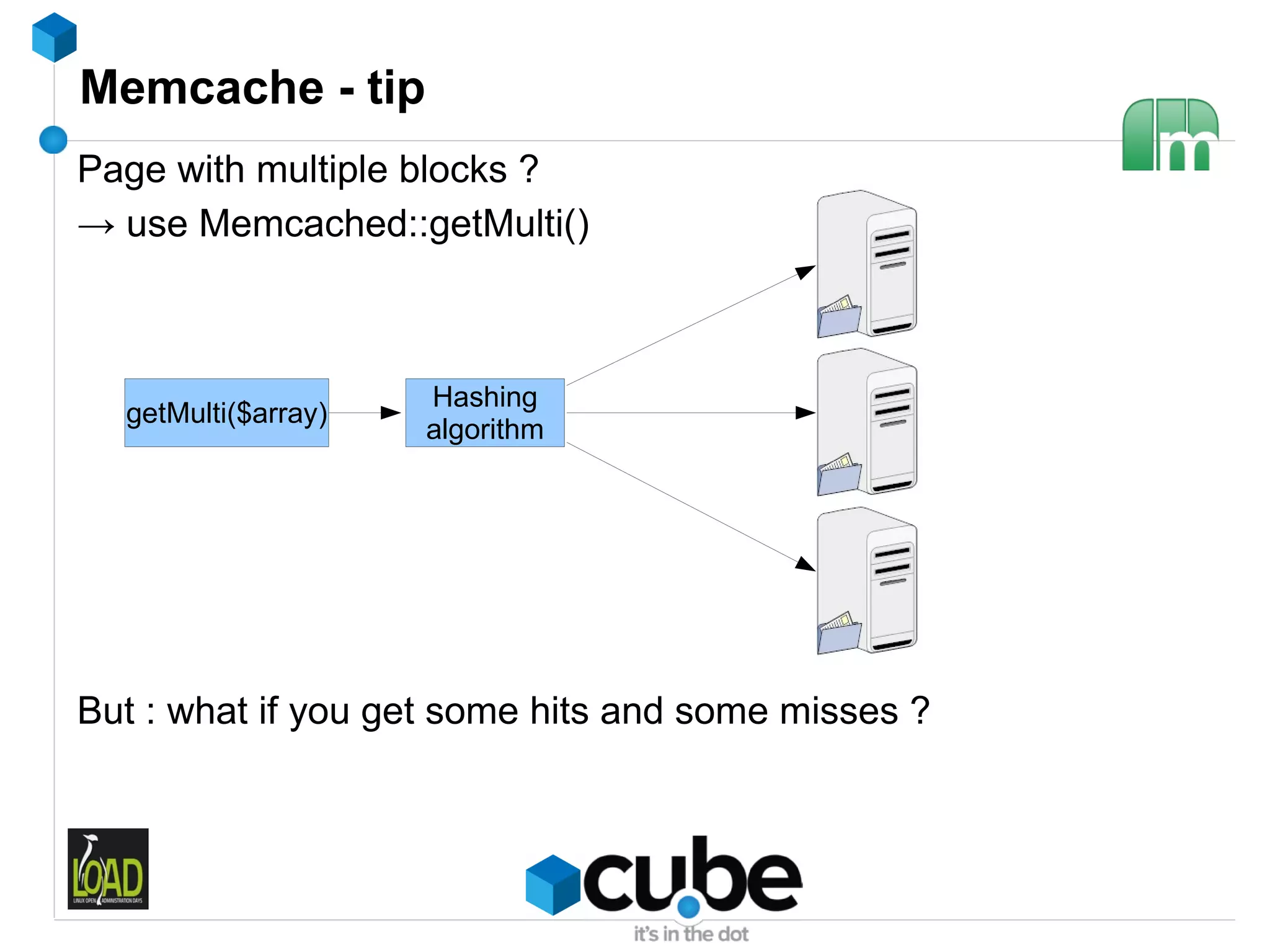 Memcache - tip
Page with multiple blocks ?
→ use Memcached::getMulti()



                     Hashing
  getMulti($array)
                     algorithm




But : what if you get some hits and some misses ?
 