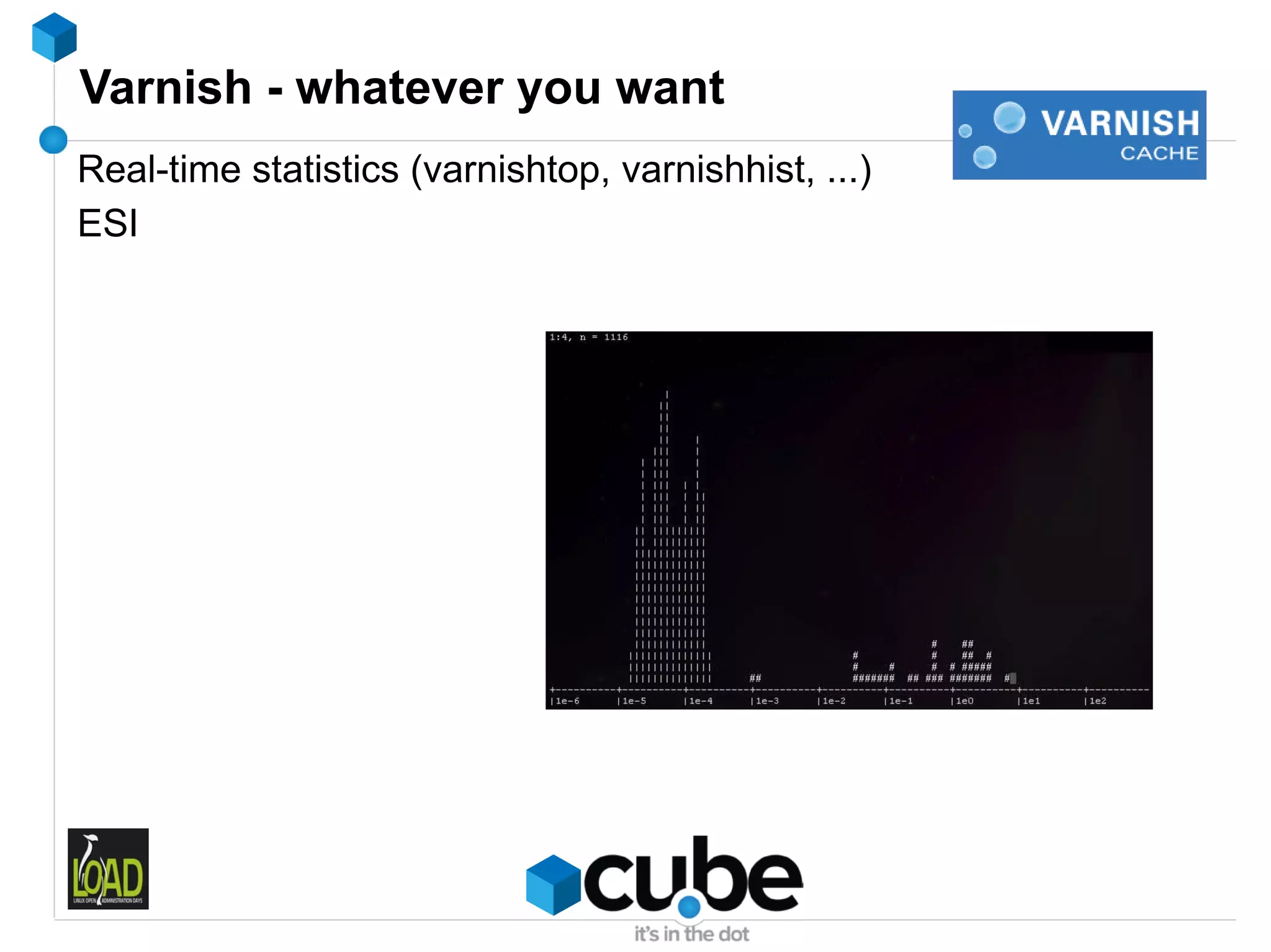Varnish - whatever you want
Real-time statistics (varnishtop, varnishhist, ...)
ESI
 