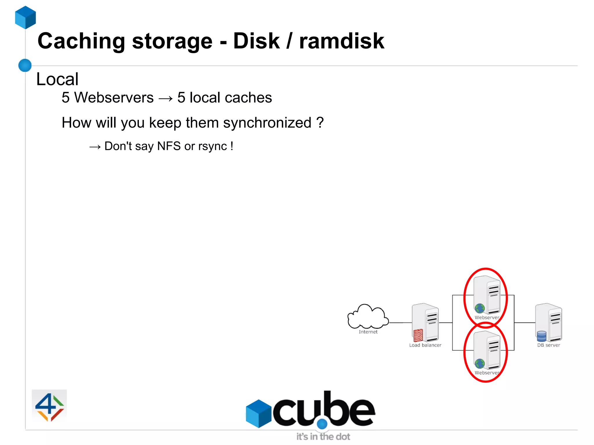 Caching storage - Disk / ramdisk
Local
  5 Webservers → 5 local caches
  How will you keep them synchronized ?
        → Don't say NFS or rsync !
 