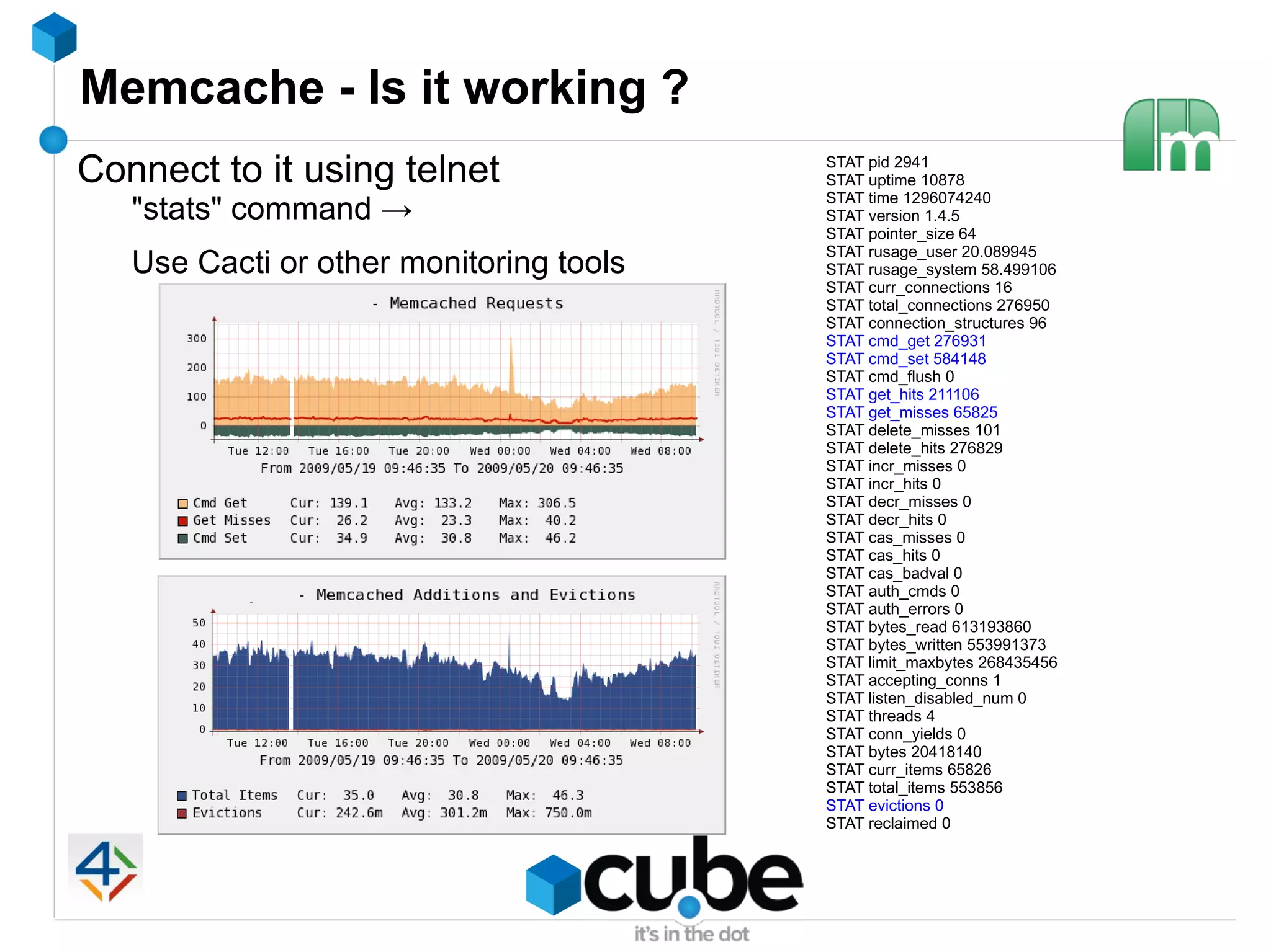 Memcache - Is it working ?
Connect to it using telnet               STAT pid 2941
                                         STAT uptime 10878
                                         STAT time 1296074240
   "stats" command →                     STAT version 1.4.5
                                         STAT pointer_size 64
                                         STAT rusage_user 20.089945
   Use Cacti or other monitoring tools   STAT rusage_system 58.499106
                                         STAT curr_connections 16
                                         STAT total_connections 276950
                                         STAT connection_structures 96
                                         STAT cmd_get 276931
                                         STAT cmd_set 584148
                                         STAT cmd_flush 0
                                         STAT get_hits 211106
                                         STAT get_misses 65825
                                         STAT delete_misses 101
                                         STAT delete_hits 276829
                                         STAT incr_misses 0
                                         STAT incr_hits 0
                                         STAT decr_misses 0
                                         STAT decr_hits 0
                                         STAT cas_misses 0
                                         STAT cas_hits 0
                                         STAT cas_badval 0
                                         STAT auth_cmds 0
                                         STAT auth_errors 0
                                         STAT bytes_read 613193860
                                         STAT bytes_written 553991373
                                         STAT limit_maxbytes 268435456
                                         STAT accepting_conns 1
                                         STAT listen_disabled_num 0
                                         STAT threads 4
                                         STAT conn_yields 0
                                         STAT bytes 20418140
                                         STAT curr_items 65826
                                         STAT total_items 553856
                                         STAT evictions 0
                                         STAT reclaimed 0
 