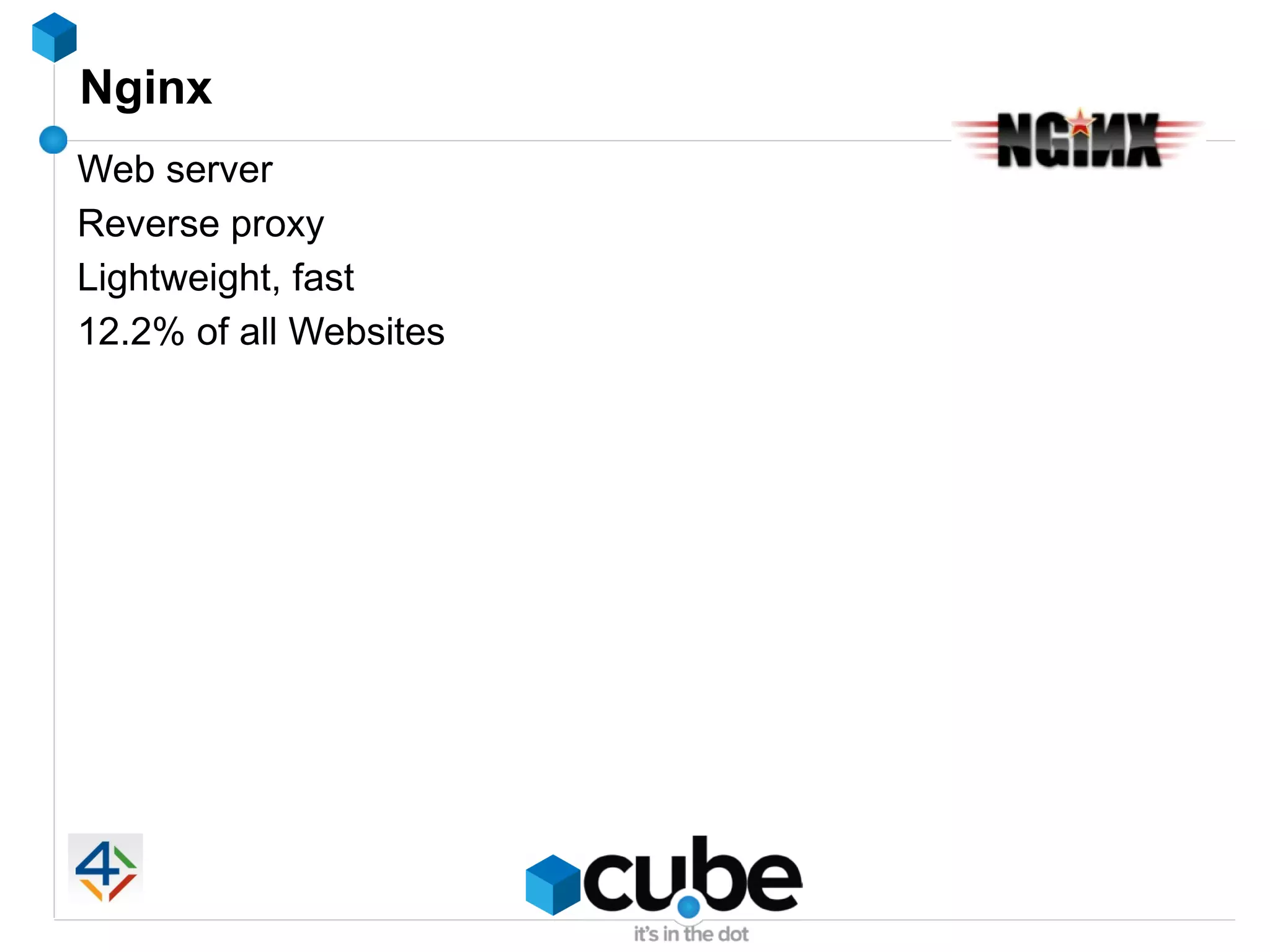 Nginx
Web server
Reverse proxy
Lightweight, fast
12.2% of all Websites
 