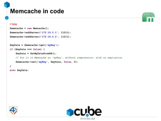 Memcache in code
<?php
$memcache = new Memcache();
$memcache->addServer('172.16.0.1', 11211);
$memcache->addServer('172.16...