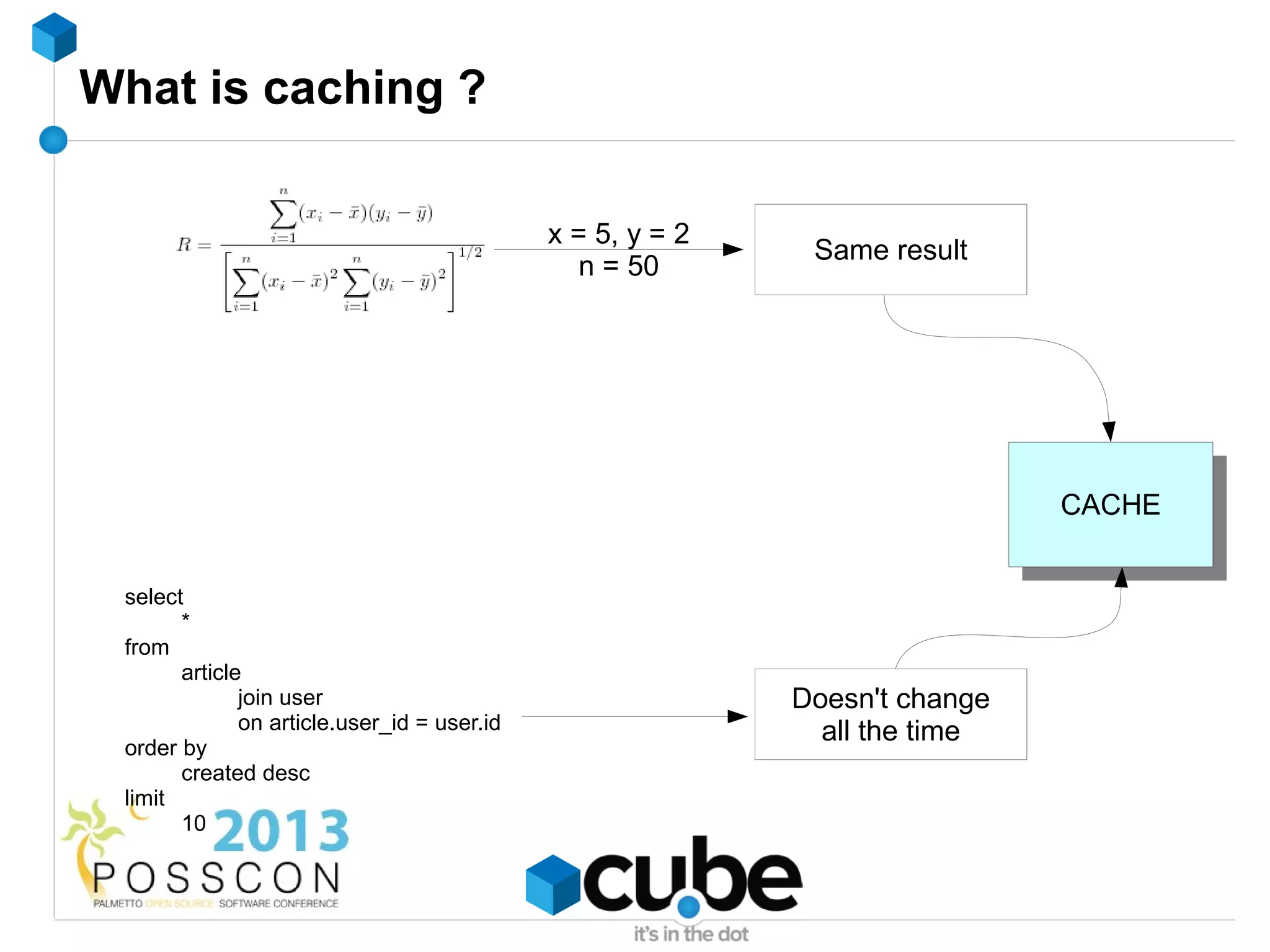 What is caching ?

                                             x = 5, y = 2
                                                             Same result
                                                n = 50




                                                                             CACHE
                                                                              CACHE

 select
       *
 from
       article
              join user                                     Doesn't change
              on article.user_id = user.id                    all the time
 order by
       created desc
 limit
       10
 