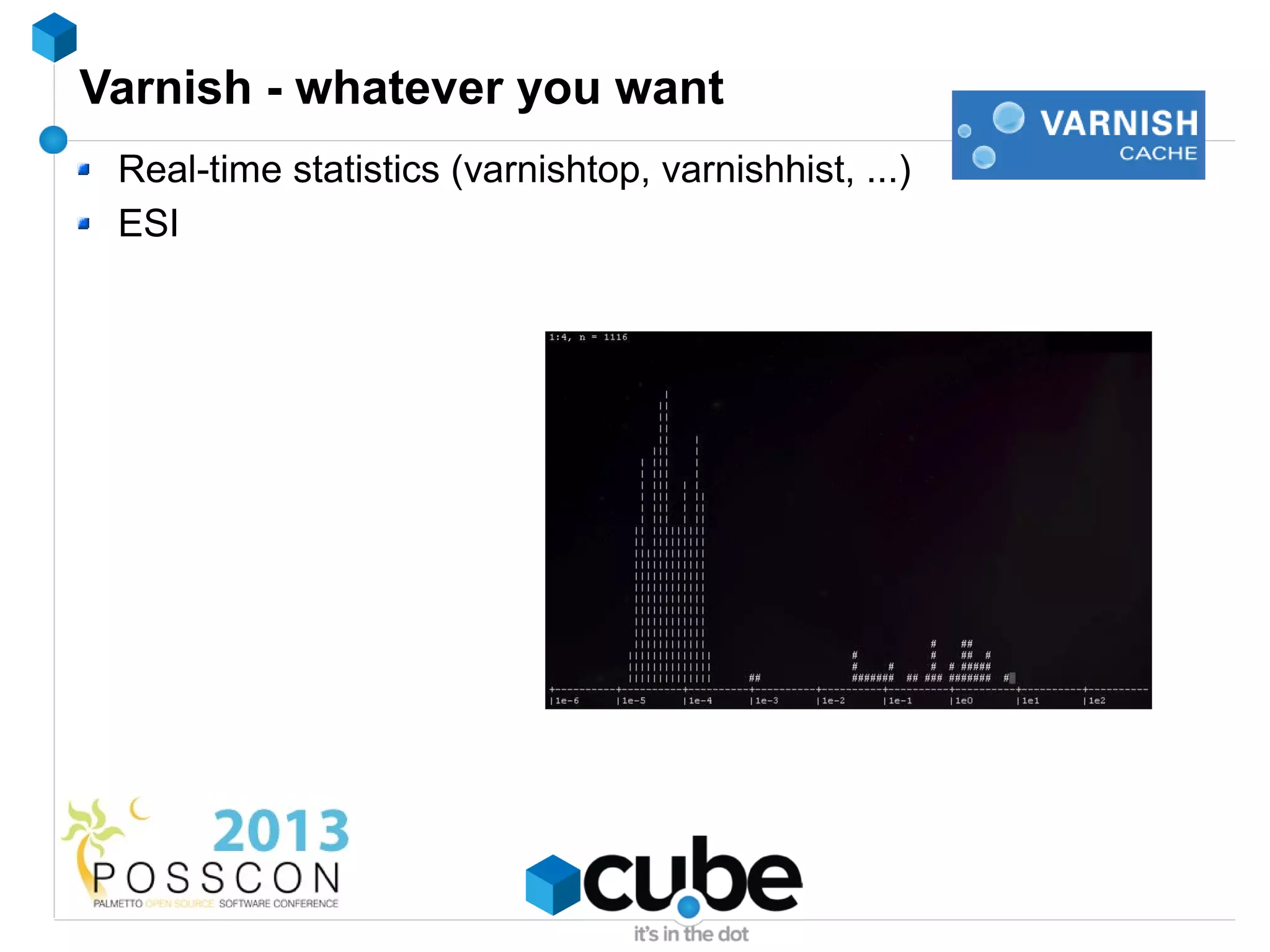Varnish - whatever you want
 Real-time statistics (varnishtop, varnishhist, ...)
 ESI
 